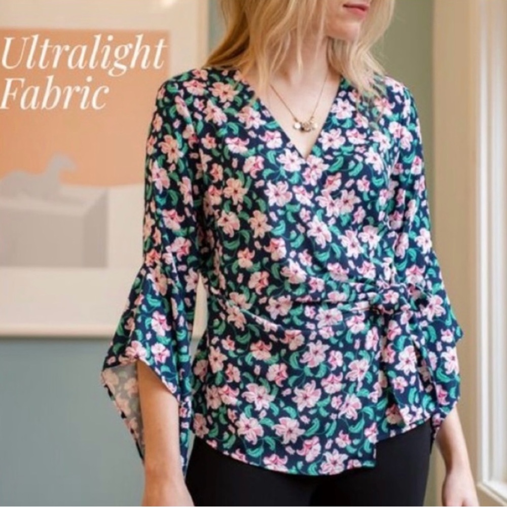 Betabrand Perfect Wrap Top Floral Asymmetric Sleeve Size Small